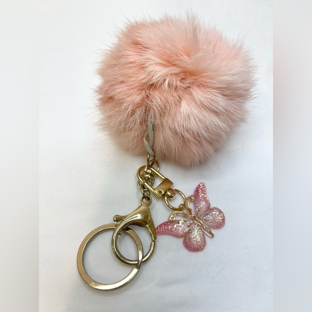 Pink Fur Bag Charm Keychain with Butterfly Charm - Picture 5 of 5
